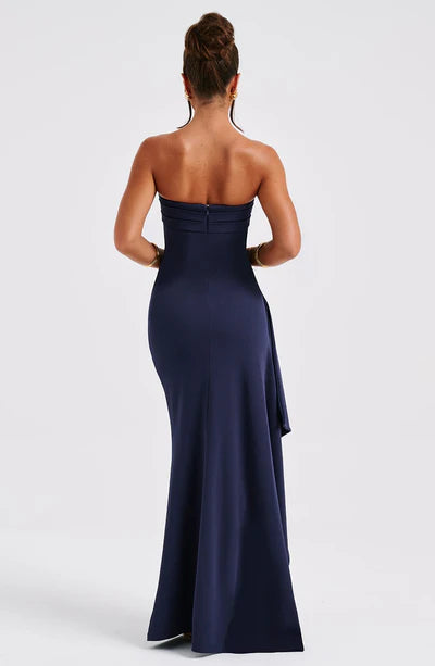Sexy Navy A-line Off The Shoulder Ruffled Front Slit Long Formal Prom Dress